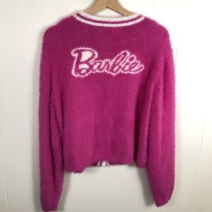 Barbie Pink Eyelash Boyfriend Cardigan Women’s XL Faux Rhinestone Heart Button